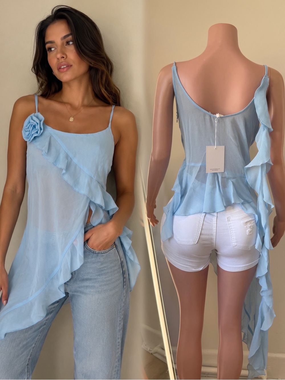 Light Blue Ruffle Asymmetric Women's Top